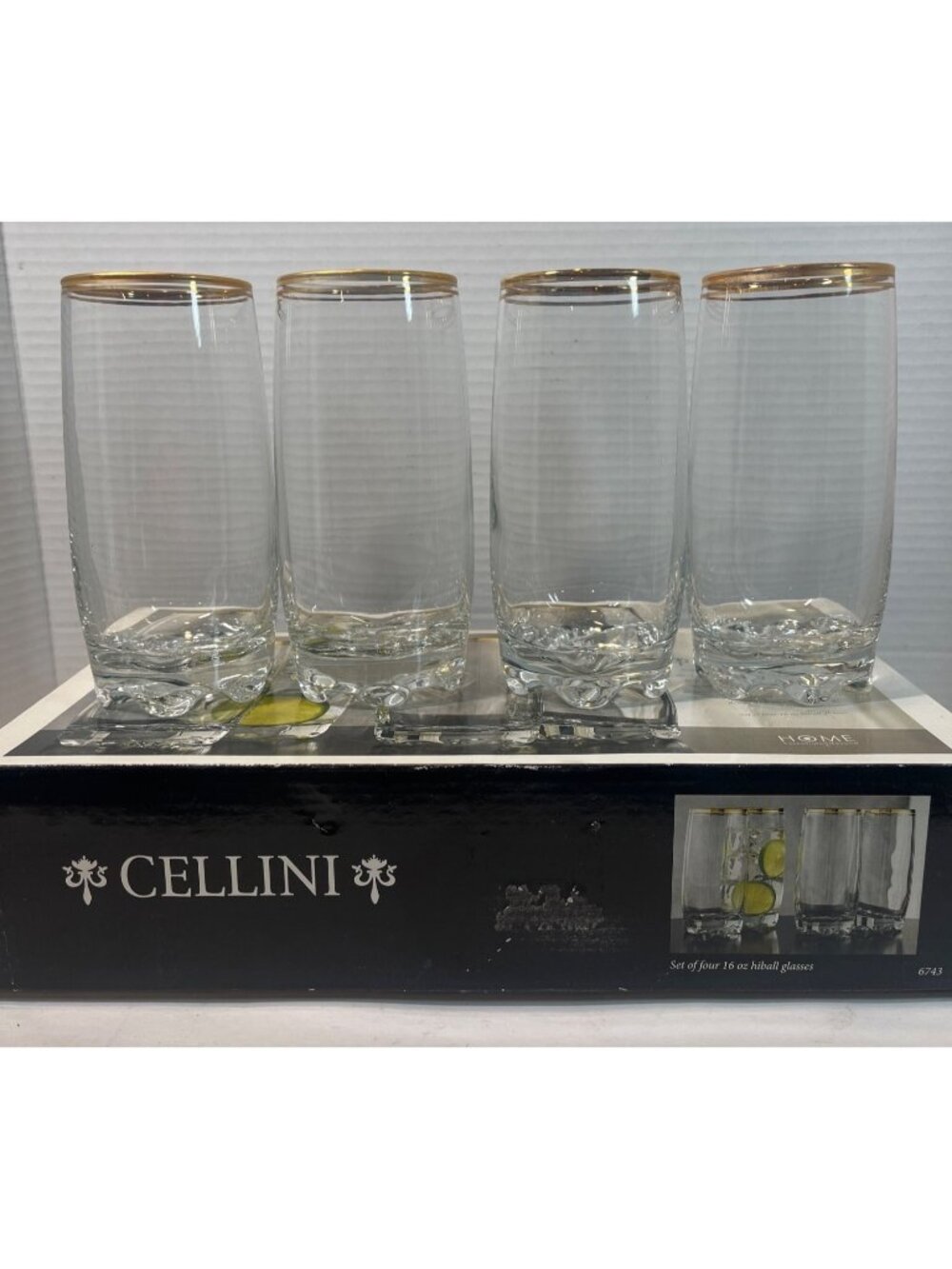 Vintage Cellini Set of Four 16 Oz Highball Glasses With 24K Gold Rim By Home Ess